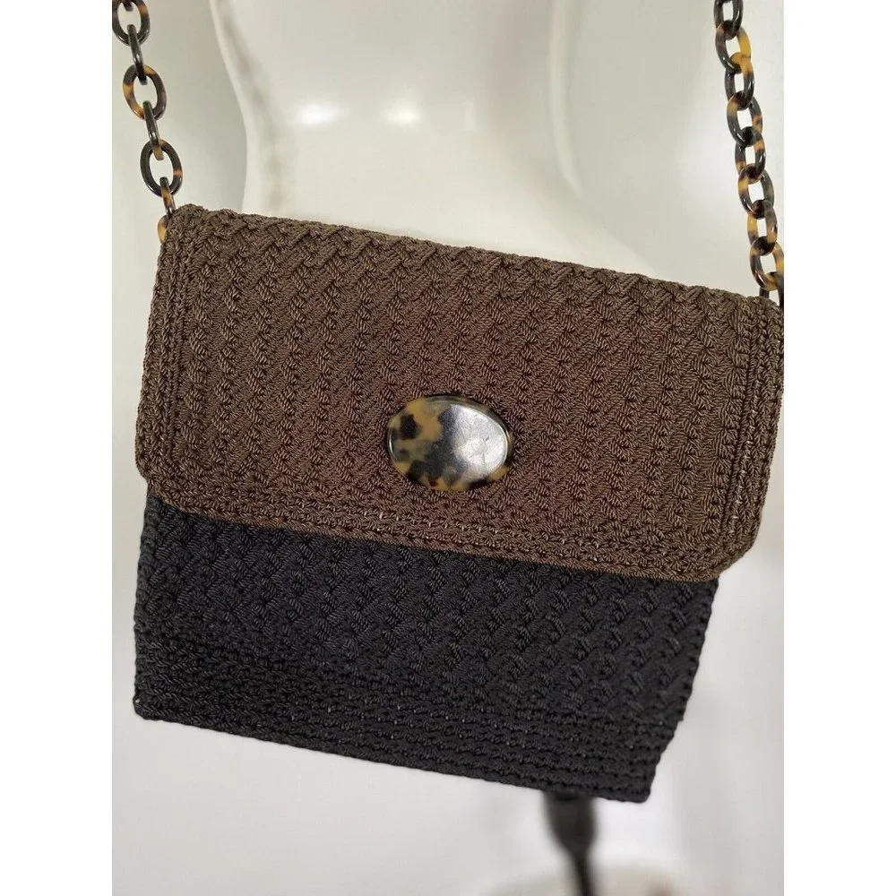 Christian Livingston Black Crochet Bag w Faux Tortoise Chain Strap Cross Body‎